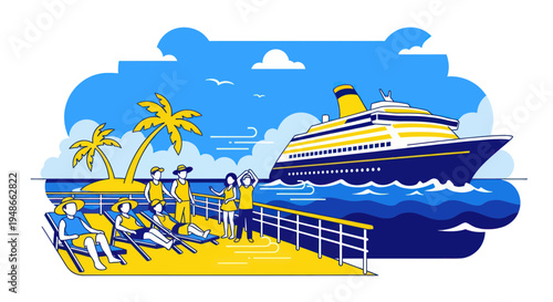 People on tropical island dock wave at departing cruise ship vacation