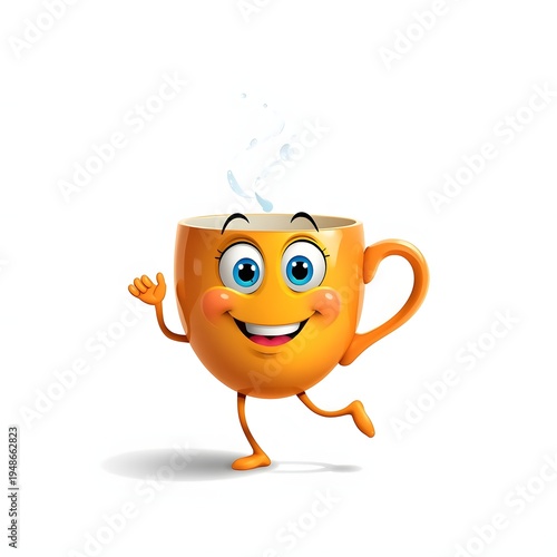 A cheerful cartoon coffee cup with a smile and steam rising