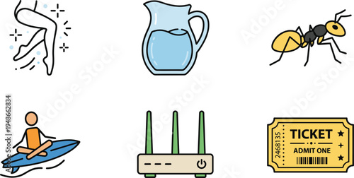 Mixed activity and object icon set featuring diving swimmer water jug ant jet ski router and ticket illustration symbols