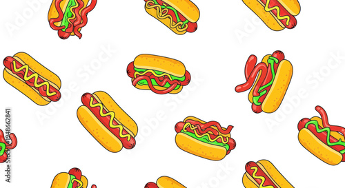 Seamless Pattern of Delicious Hot Dogs with Mustard and Ketchup
