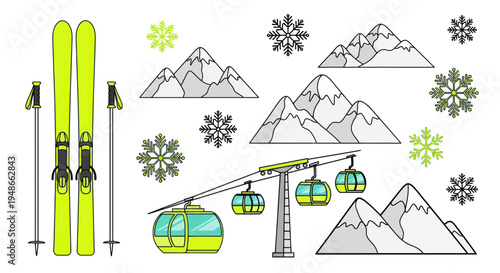 Skiing Equipment, Gondola Lift, Snowflakes and Mountains - Winter Sports Scene
