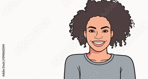 Woman with curly hair smiles while wearing a gray shirt in a simple setting
