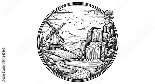 Vintage Countryside Scene: Windmill, Waterfall, and Rolling Hills in Circular Emblem