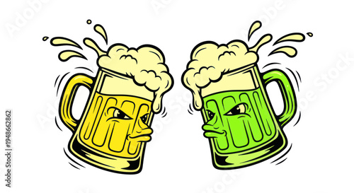 Two cartoon beer mugs clashing, one yellow, one green, with angry faces and splashing foam.