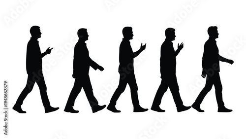 Silhouette of businessman walking in a sequence of five different positions, representing movement and progression in a corporate or professional setting