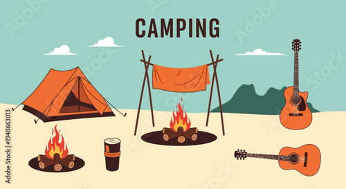 Camping, outdoor recreation, adventure travel, vector icons, illustration set,  camping gear, outdoor activities