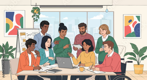 Diverse team collaboration, office meeting, business people, teamwork illustration, modern workplace