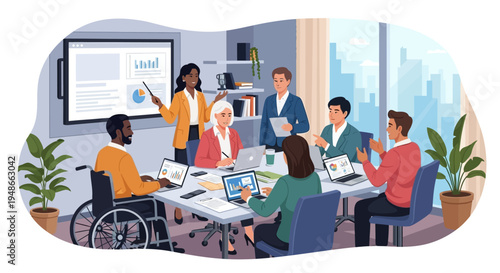 Diverse business team meeting, office collaboration, people working, corporate diversity, inclusive workplace