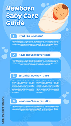 An educational visual resource detailing essential care practices and key characteristics for ensuring the healthy development and well-being of newborn infants