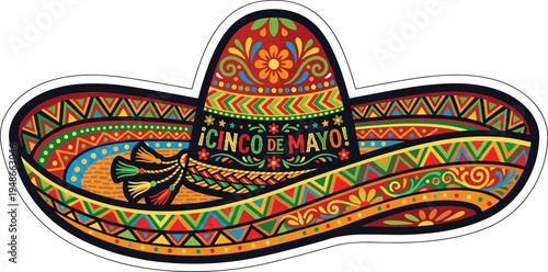 Cinco De Mayo festive sombrero with vibrant multicolored patterns and traditional floral designs, celebrating Mexican heritage
