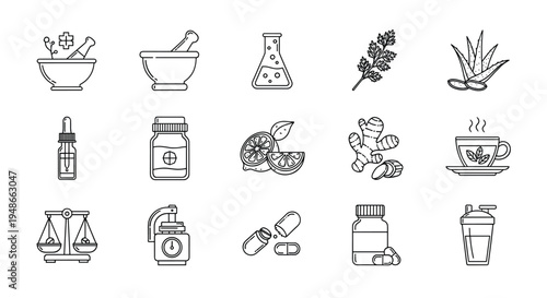 Natural Medicine and Alternative Healthcare Line Icon Set