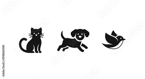 Black cat, dog, and bird silhouettes, animal icons, pet graphics, vector illustrations