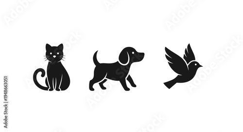 Black animal icons, pet silhouettes, cat dog bird, vector graphics, 3 animal shapes