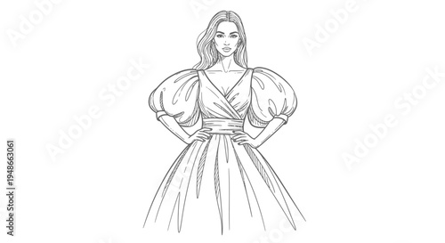 Elegant woman, fashion illustration, line art, puffy sleeve dress, minimalist design