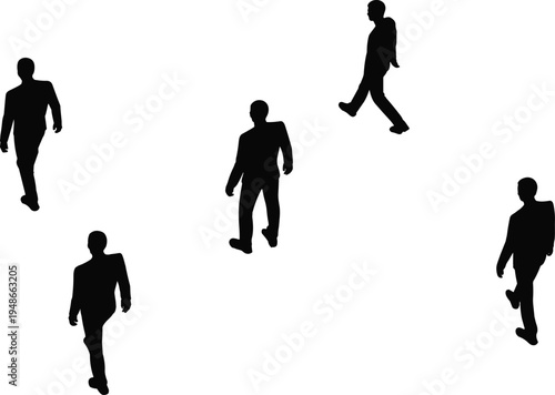 Black silhouettes of businessmen walking in different directions isolated on white background set for architectural visualization and design