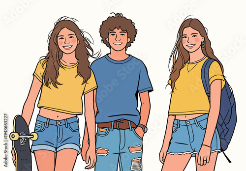 Three friends enjoy a sunny day outdoors with skateboards and backpacks in a city setting