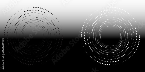 Modern abstract background. Halftone dots in circle form. Spiral logo, icon or design element. Black dots on a white background and white dots on the black side.