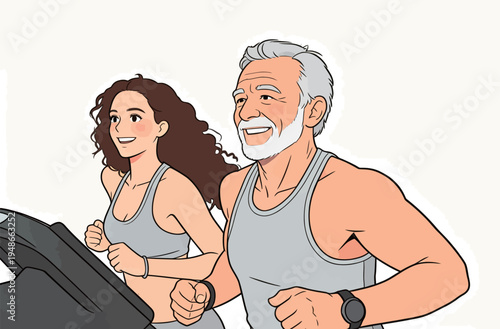 Elderly man and young woman running on treadmills in a gym during the daytime