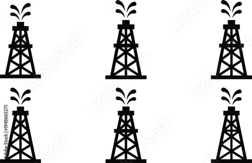 Oil drilling rig tower silhouette icon set representing petroleum extraction energy industry offshore production engineering equipment symbols
