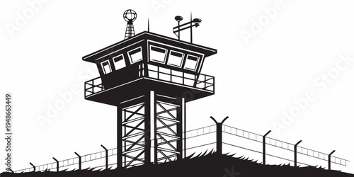 a tall watchtower with a fence surrounding it Vector