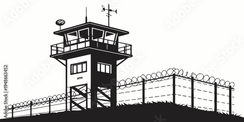 a guard tower with a fence and a weather vane on top Vector