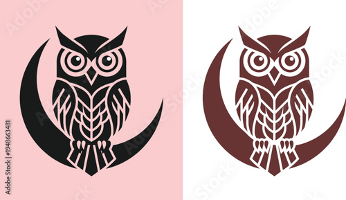 Owl sitting on crescent moon decorative vector illustration symbolizing wisdom night mystery nature bird emblem design
