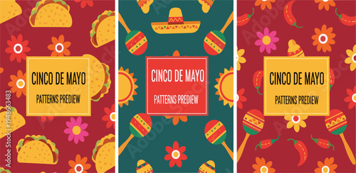 Vibrant and festive Mexican celebration seamless patterns featuring traditional elements like tacos, maracas, and sombreros, ideal for event designs
