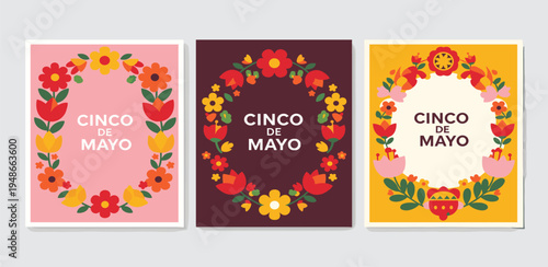 Cinco de Mayo floral wreath greeting cards featuring traditional Mexican folk art inspired illustrations on pastel backgrounds