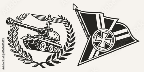 a black and white image of a military tank and flag emblems Vector
