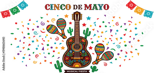 Cinco de Mayo Celebration with Guitar, Maracas, and Confetti - Festive Mexican Party Illustration