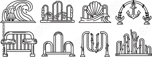 A collection of intricate nautical-themed architectural designs and symbols Vector