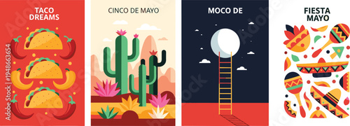 Festive Cinco de Mayo and Taco Dreams themed digital art illustrations celebrating Mexican culture and cuisine