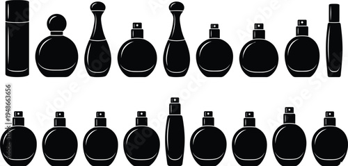 Perfume bottle silhouette icon set featuring luxury fragrance spray containers cosmetic beauty product packaging symbols for fashion and personal care