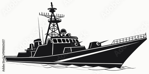 a large naval ship with a tall tower Vector