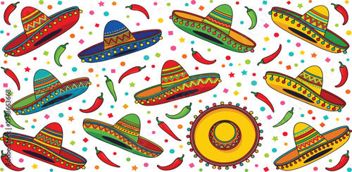 Vibrant Mexican Fiesta Celebration Background with Cheerful Sombreros, Hot Chili Peppers, and Festive Confetti, Ideal for Cultural Events and Party Designs