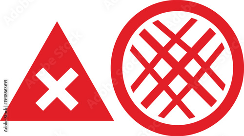 Red warning and prohibition symbol icon set featuring triangle error sign and crossed circle restriction safety indicator design