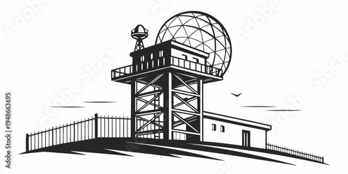 a large satellite dish on a tower with a building Vector