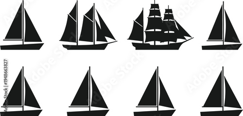 Sailing boat silhouette icon set featuring classic sailboats and tall ship vessels for nautical travel maritime adventure design