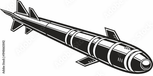 a black and white missile with fins and guidance systems Vector