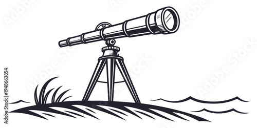 a telescope on a tripod on a grassy hill Vector