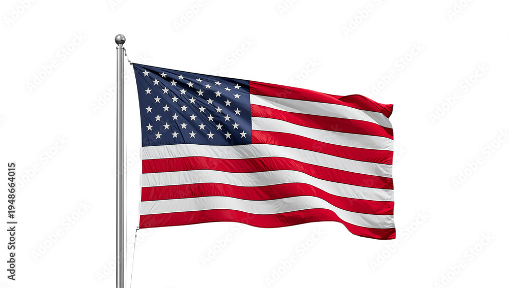 Obraz premium Vibrant national flag, with its distinctive pattern of stars and stripes, proudly waving on a flagpole against a bright white background, symbolizing freedom and heritage