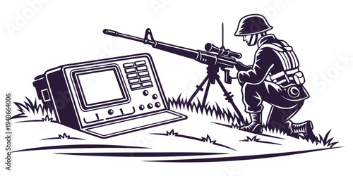 soldier sitting next to a machine gun and television Vector