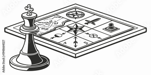 a black and white drawing of a chess piece on a chessboard Vector