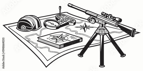 a drawing of a telescope on a table with various astronomy equipment Vector