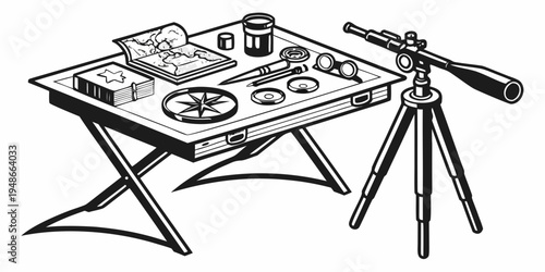 a table with various objects and a telescope Vector