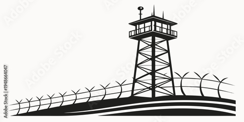 a tall watchtower with a fence and barbed wire Vector
