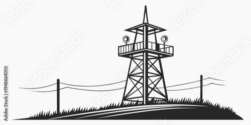 a tall metal watchtower with a fence around it Vector