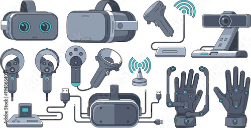 Virtual reality hardware devices set with VR headset, motion controllers, tracking sensors, camera and haptic gloves technology vector illustration