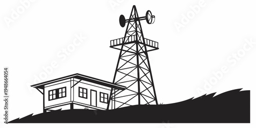 a small house next to a tall windmill on a hill Vector
