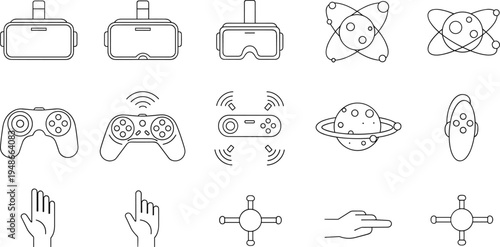 Virtual reality outline icons set with VR headset, game controllers, hand gestures and digital interaction symbols vector illustration
